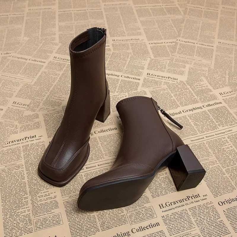 Womens high heels brown leather work clothes short womens ankle boots Pu sales Y2k autumn high-quality Y241019