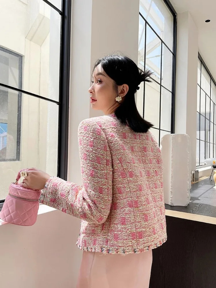 Women Pink Tweed Jacket Fashion Elegant ONeck Spring Autumn Short Coat Long Sleeve Slim Fit Outerwear Office Ladies Jackets 241019