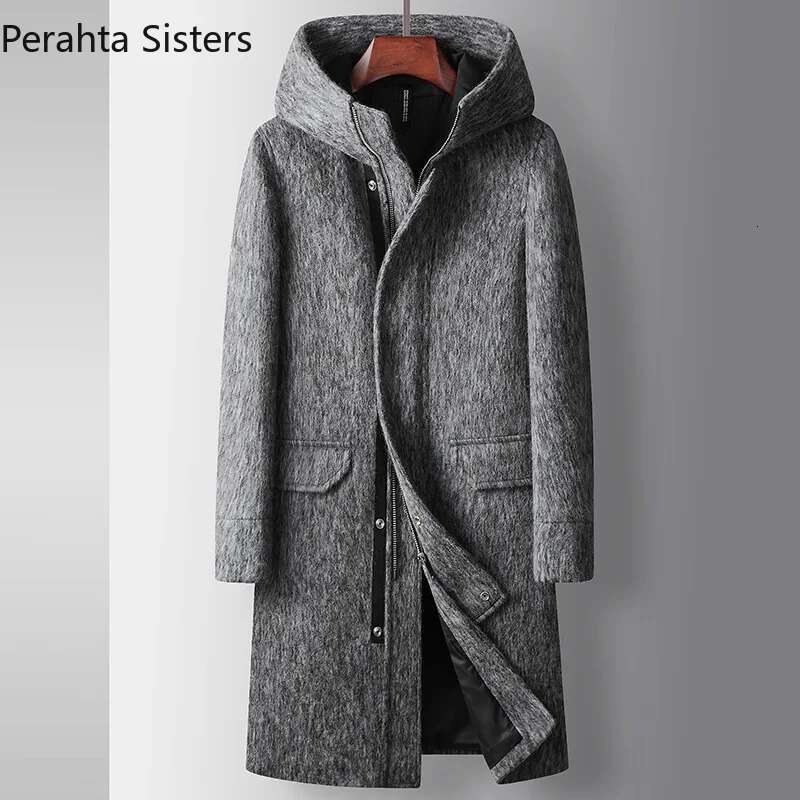 Brand Top Quality Long Wool For Men Autumn Winter Business Fashion Hooded Woolen Man Trench Coat Men's Coats 2024 New