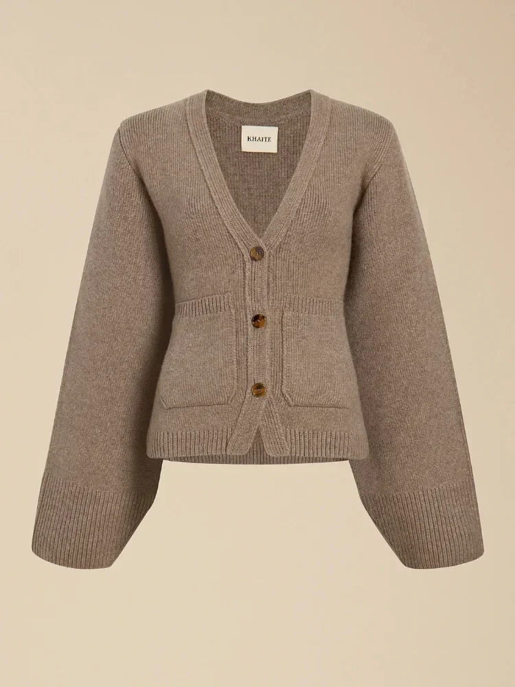 Elegant Marron V-neck knitted cardigan with pockets casual single chest long sleeved knitted womens autumn commuting sweater 241019
