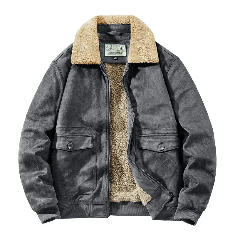Autumn and Winter Suede Jacket Wool Mens Fur Collar Leather Jacket Mens Thick Warm Bomber Jacket Windshield Park 241007