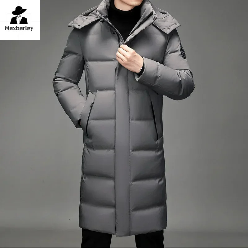 Winter long jacket mens lightweight fur collar hooded windproof white duck down warm jacket Korean thick cedar jacket 241018
