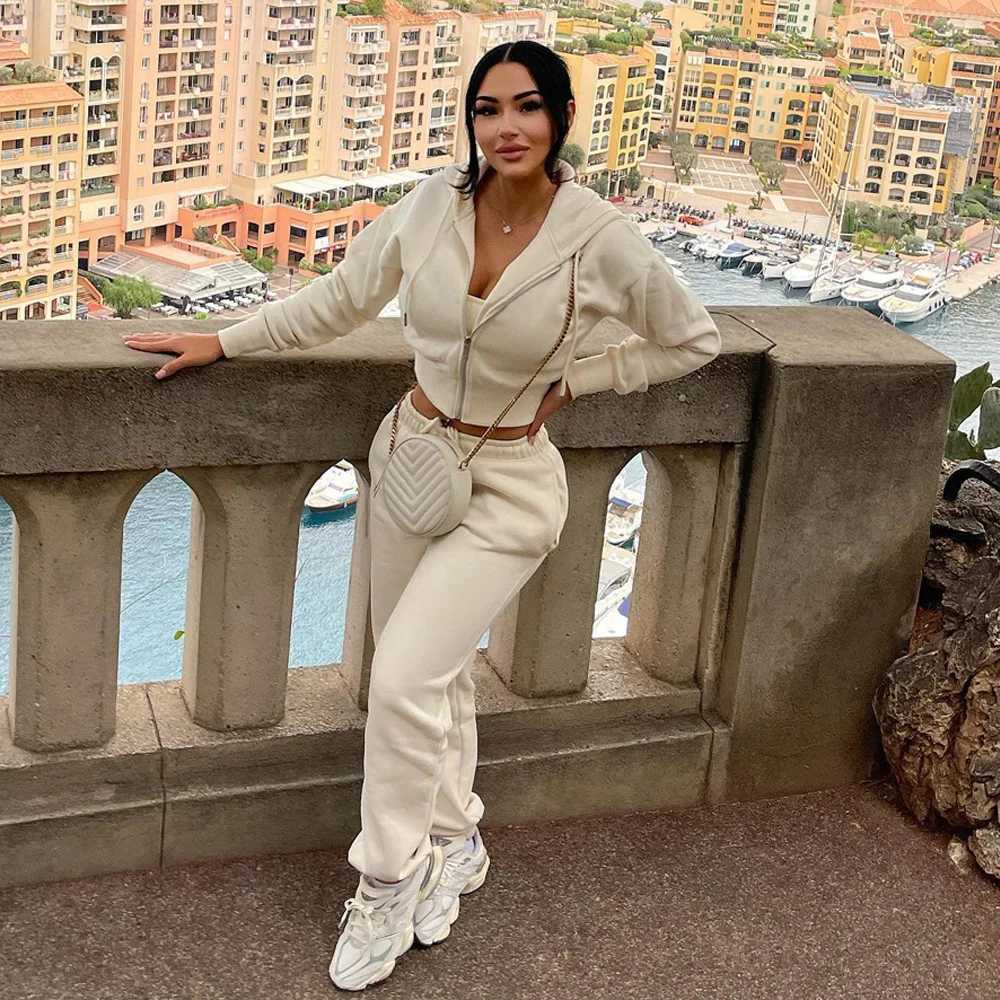 Women's Two Piece Pants Sexy crop jacket two-piece pants set runner womens winter track and field outfit elegant clothing hoodie 2-piece pants se