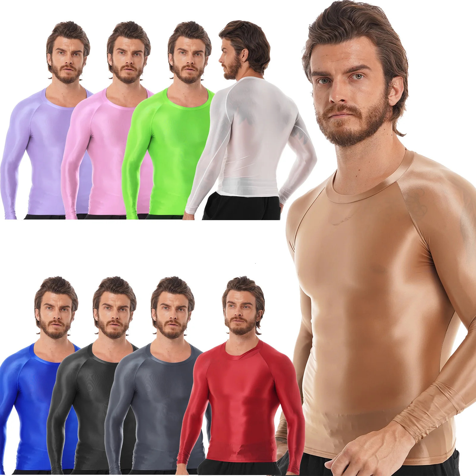 Mens smooth sports top long sleeved T-shirt solid color slim fit breathable fitness gymnastics sports top yoga beach swimsuit 241019