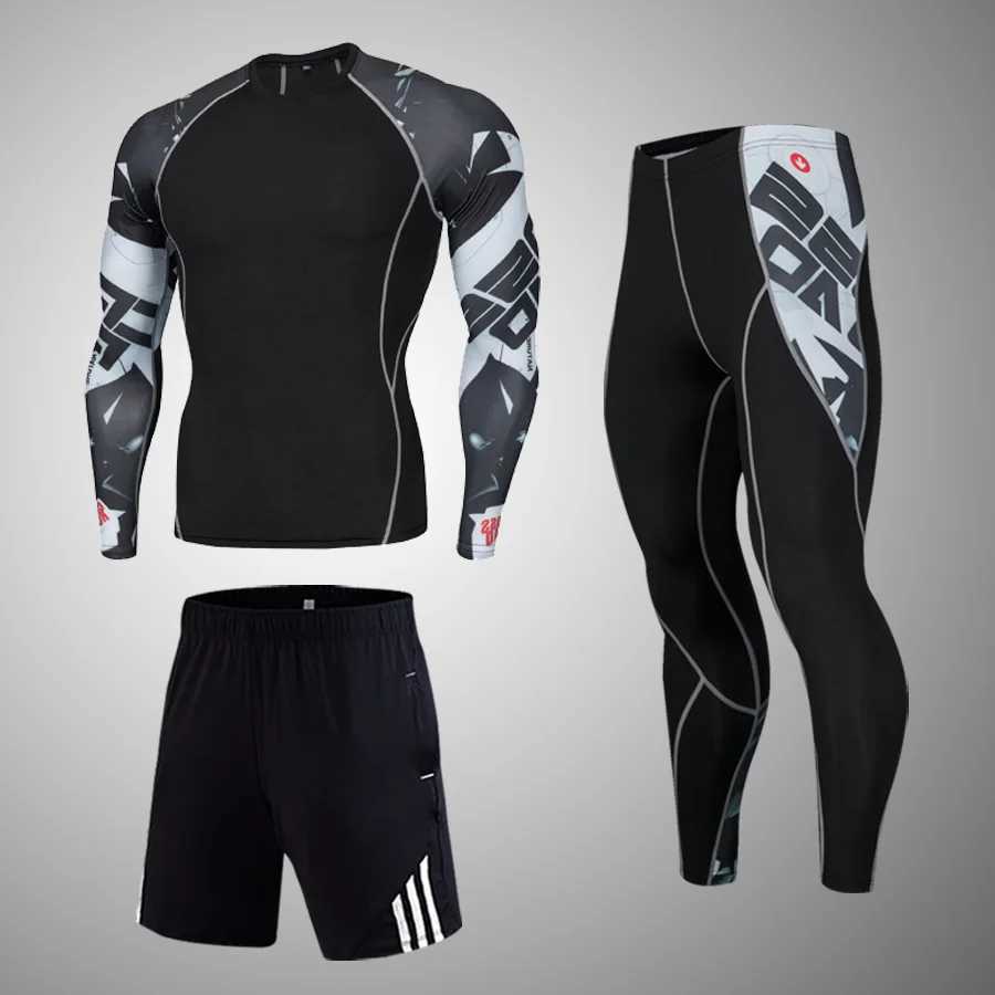 Quick drying 2-piece/set mens rash guard mens MMA compression clothing mens long sleeved T-shirt+tight fitting mens clothing W241018