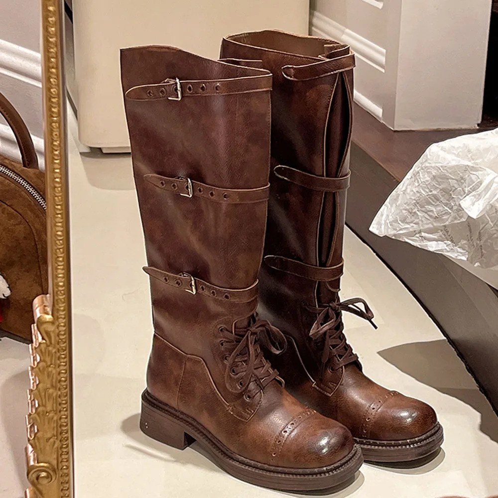 2024 Winter Punk Thick High Heel Buckle Riding Boots Cool Fashion Street Knee High Motorcycle Boots 241018