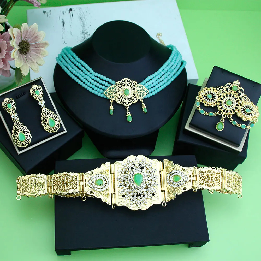 Sunspice Moroccan Bridal Wedding Jewelry Set Womens Gold Arabian Kaftan Belt Brooch Bead Necklace Earrings 241018