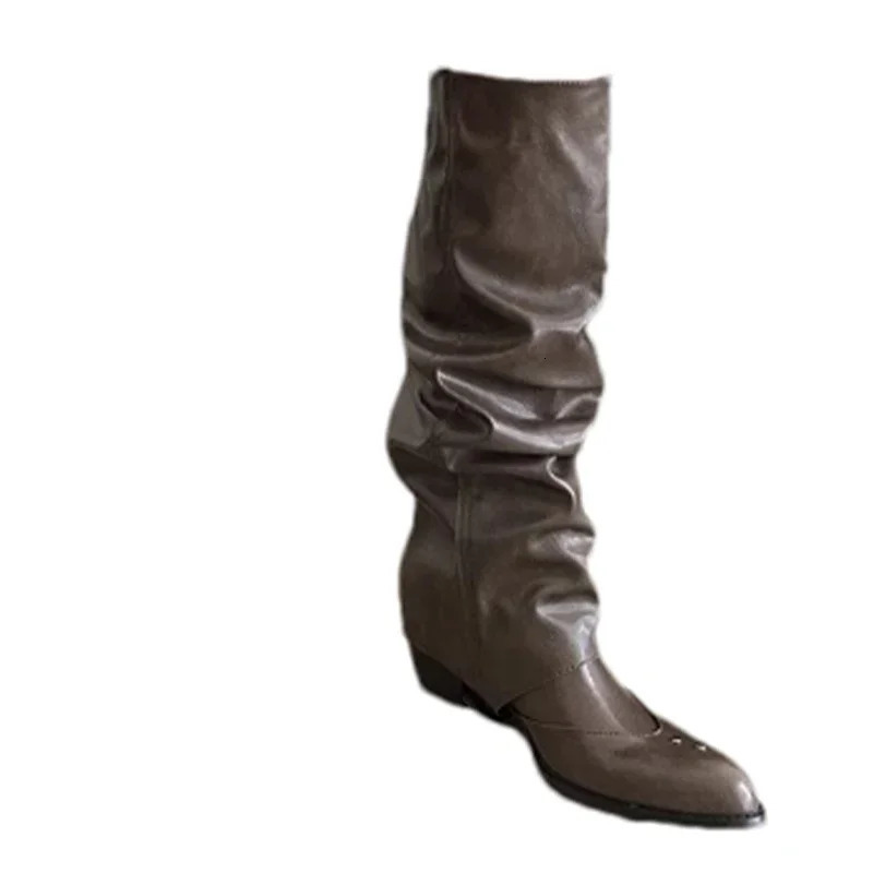 Womens Pointed Toe Chelsea boots knee high school boots short and chubby pleated shoes er motorcycle boots pump sexy unprinted goods Zapatos 241018