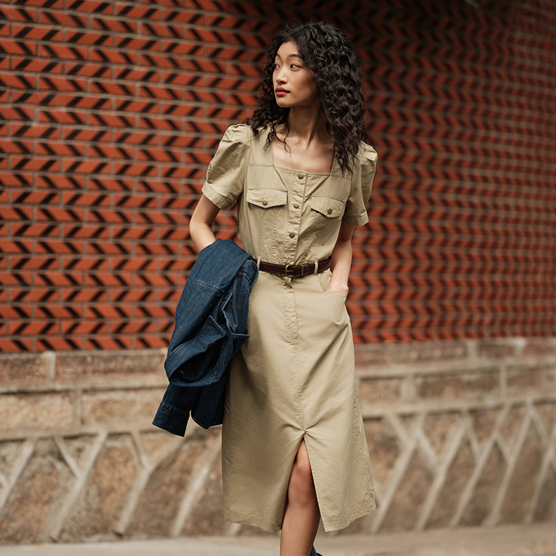 Semir Women Square Neck Split Midi 2024 Summer New Salt-Washed Utility Dress With Vintage Vibes