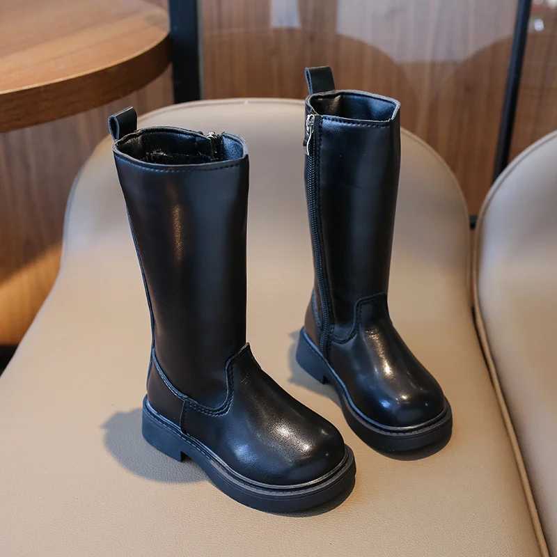 Winter Sexy Black Catwalk Casual Round Toe Fashion Childrens Square Heel Kids Comfortable Increased ZIP Warm Ins Long BootsXJ241206