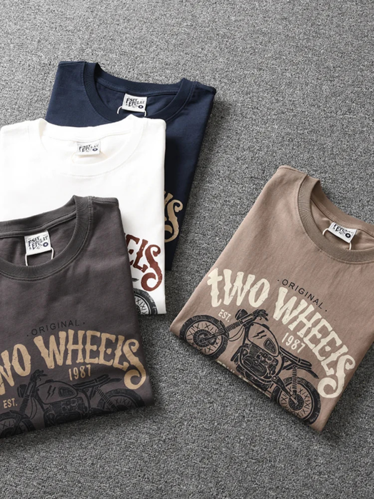 Autumn American Retro Long Sleeve O-neck Motorcycle Printed T-shirt for Men Simple 100% Cotton Laundry Casual Sports Top 241019