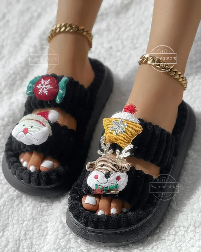 Sliding womens Christmas cartoon reindeer Santa Claus pattern blurred winter cotton flat shoes holiday platform warm flip cover 241018