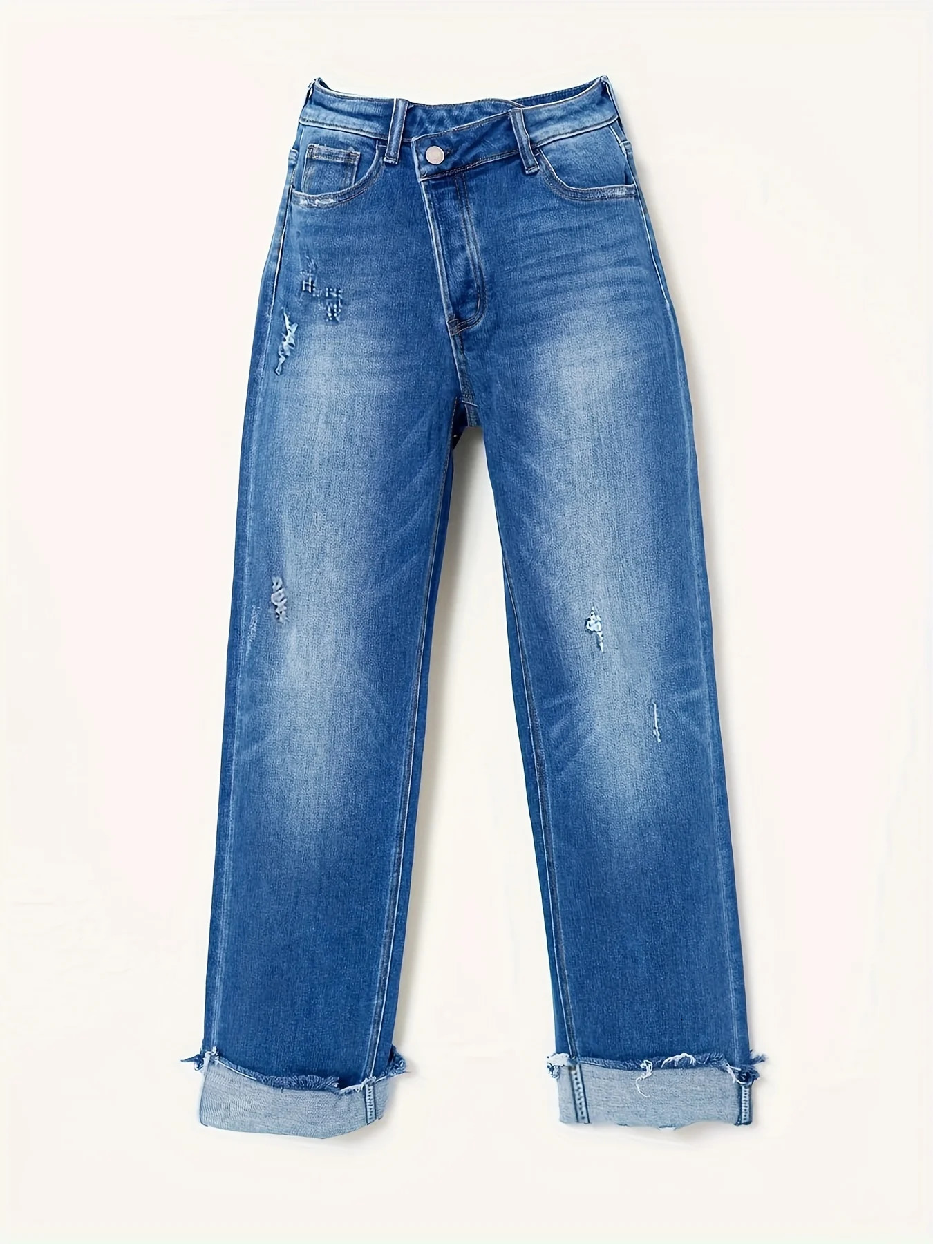 Asymmetrical Waist Casual Straight Jeans Loose Fit Rolled Hem Denim Pants Clothing 241009