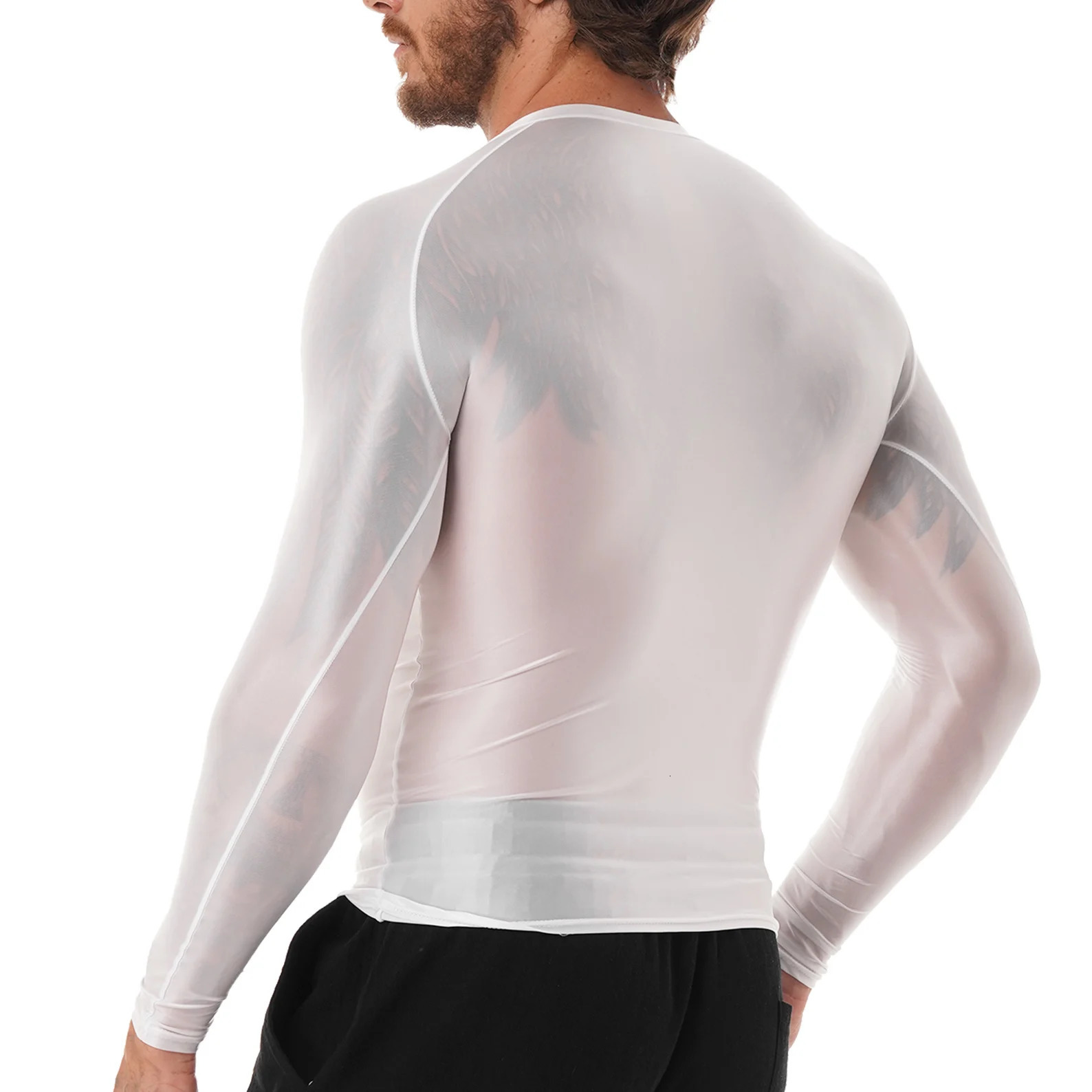 Mens clothing smooth O-neck long sleeved T-shirt solid color slim fit breathable shirt top gym jogging yoga sportswear 241018