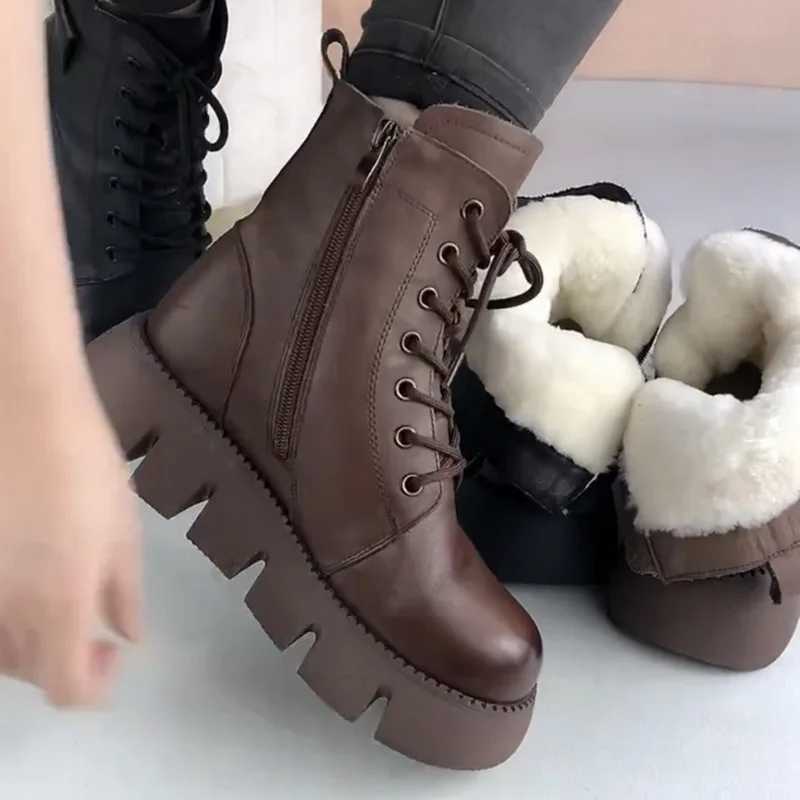 Womens Snow Boots 2024 Winter New Platform Cotton Shoes Retro Black/Brown Round Lace Zipper Modern Motorcycle Boots Y241019