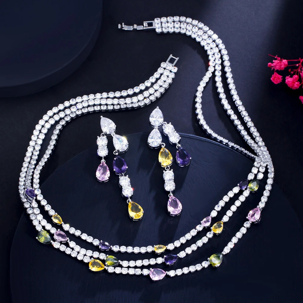Three layers of shiny colored cubic zirconia three rows of multi-layer bridal wedding necklace earrings jewelry set for women TZ784 241018