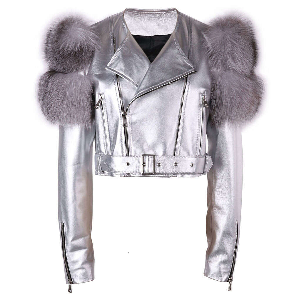 Yoloagain 2023 Autumn Natural Fox Fur Sleeve Genuine Cropped Women Shiny Sliver Leather Jacket Ladies