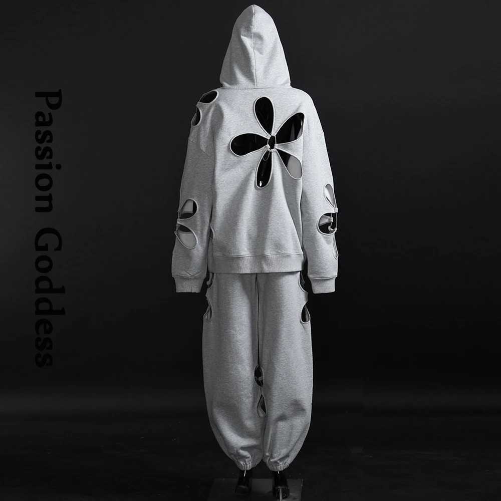 Women's Two Piece Pants Women 2 Piece Tracksuits Petal Cutout Sweatsets Hoodies Sweatshirts Drawstring Sweatpants Flower Hollow Out Two Piece Out