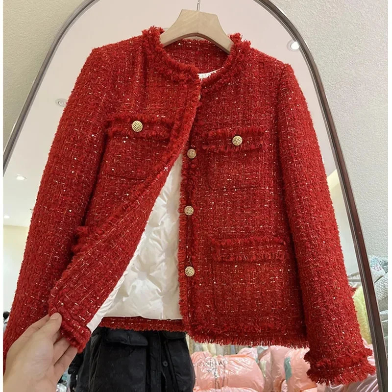 Red Cropped Tweed Coat Women Korean Fashion Long Sleeve Autumn Winter Jacket Single Breasted Down Cotton Lined Warm Lady Outwear 241019