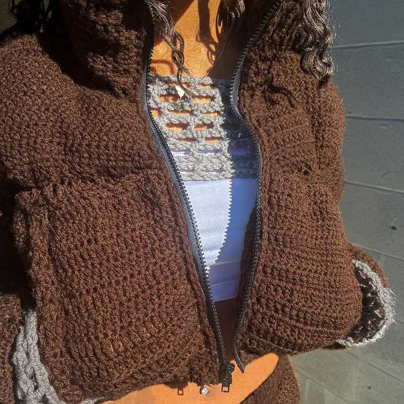 Women's Down Parkas Fashion Cute Women Knitted Sweater Puffer Jacket Winter Knit Warm Thick Bubble Coats Stand Collar Zipper Crop Jacket Parkas D