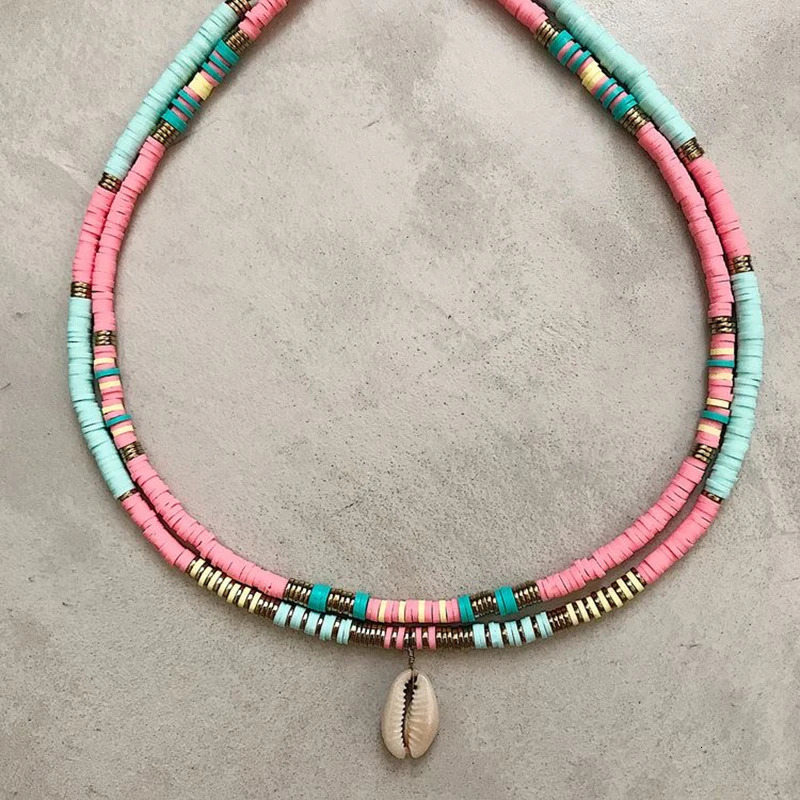 Womens Colored Polymer Clay Necklace Natural Shell Pendant Necklace Set Winter Clothing Accessories Silicone Jewelry Necklace 241018