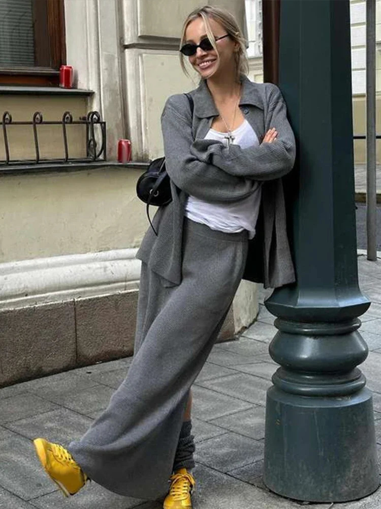 Knitted grey cardigan wool womens set loose pants split skiing casual long sleeved lapel sweater long pants set 241018
