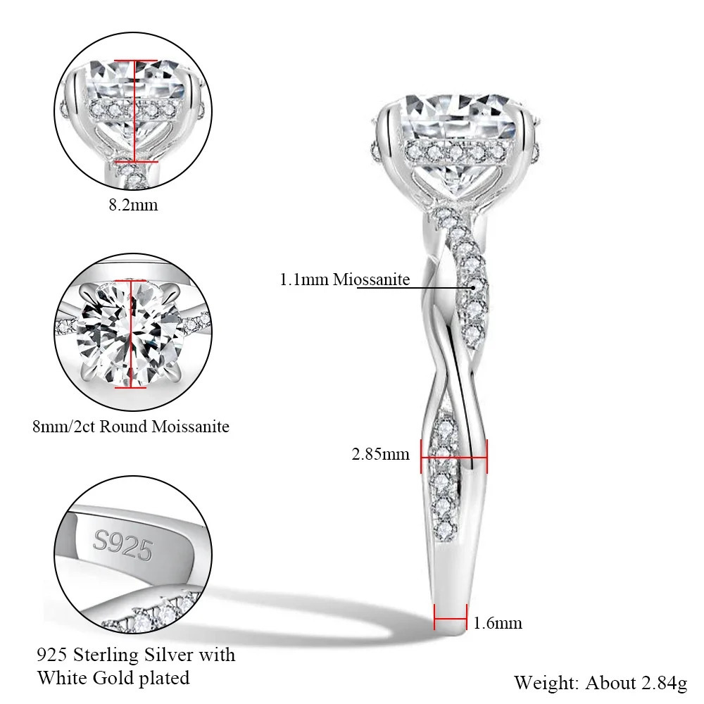 Real card ring 925 sterling silver 2CT laboratory diamond engagement ring for women round cut D VVS1 jewelry gift 241007