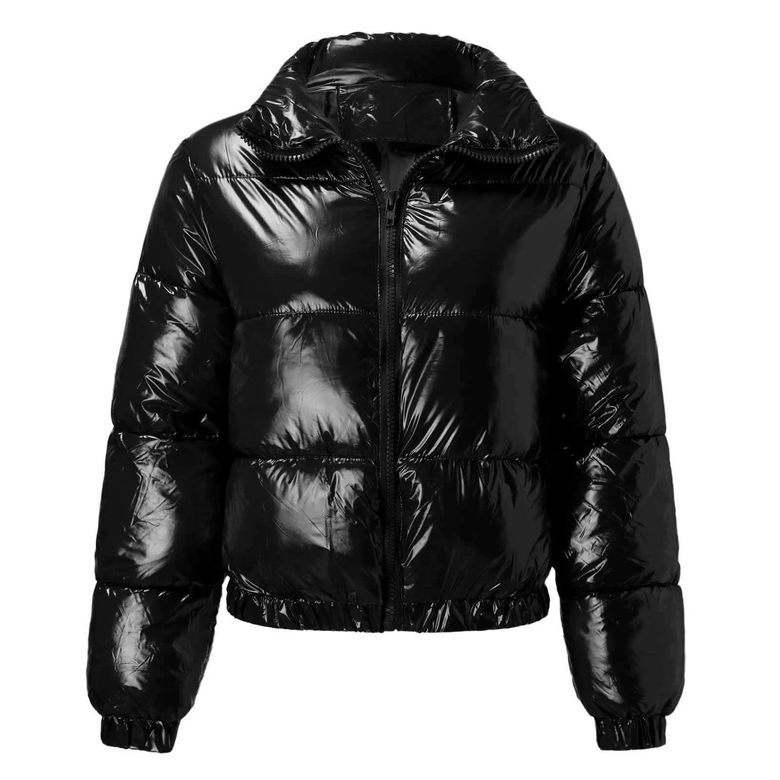 Women's Down Parkas Womens shiny stand up collar winter jacket solid color down jacket long Slve zipper pocket jacket warm jacket Y241019C5XX