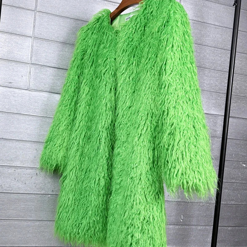 Winter Womens Fur Coat O-neck Long Coat Mongolian Woolen Leather Green Artificial Fur Fashion Winter Clothing Womens Unprinted Good Product 241018