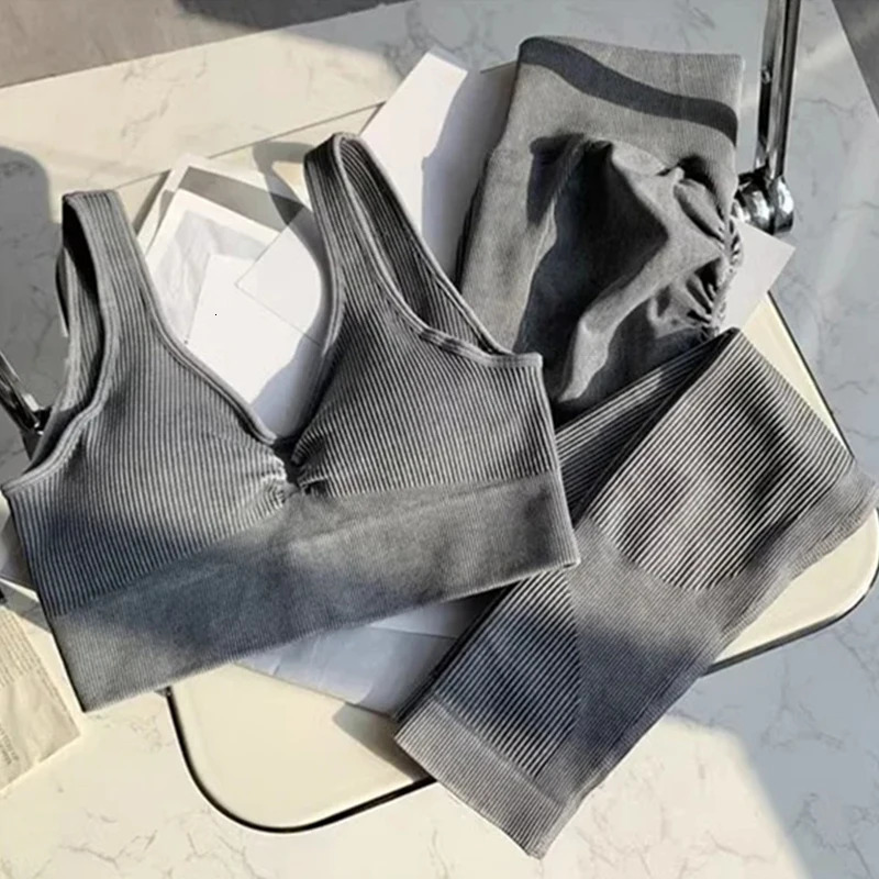 SVEIC Fitness Seamless Yoga Set Ribbed Sport Bra Washing Knitting Top Sportswear Leggings Workout Suit Gym Women Outfit Clothing 241010