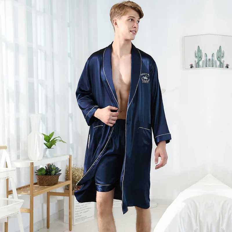 Men Homewear Leisure Sleeprobes Satin Robe Summer Spring Nightwear Male Casual Kimono Bathrobe Ice Silk Sleepwear NightgownXJ241018
