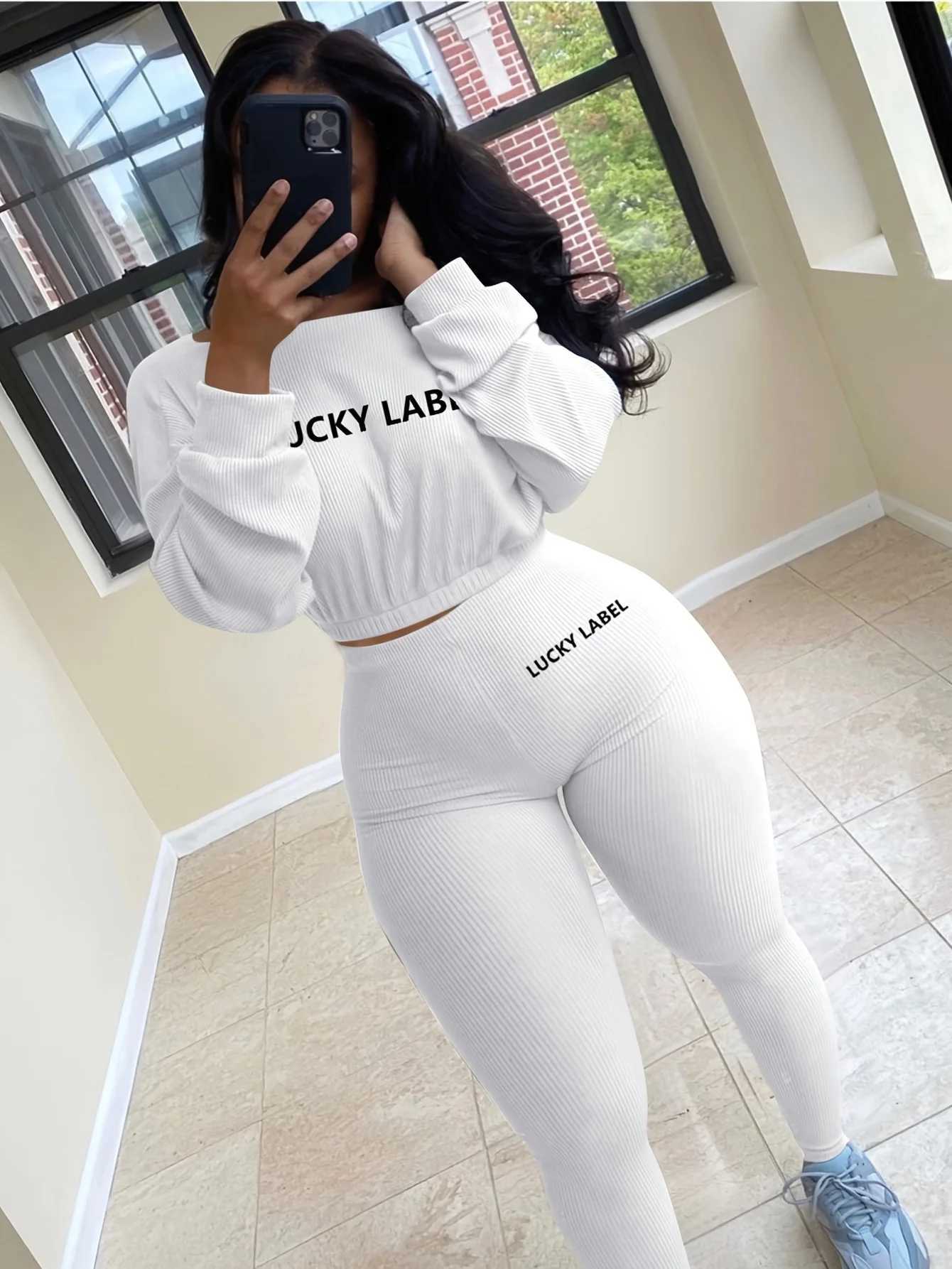 Women's Two Piece Pants Letter Embroidery Womens two-piece ribbed track suit autumn spring long slip sweatshirt and leggings set Y241019ASJP