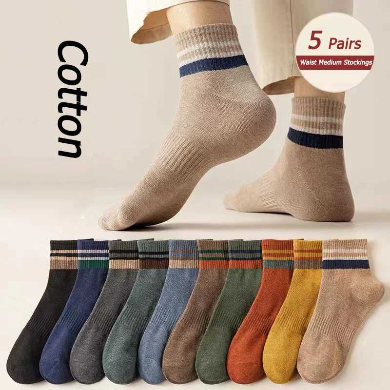 LKWDer Brand 5 Pairs Autumn Winter Men Thermal Socks Solid Color Stripe Fashion Casual Cotton Sweat Absorption Thick ComfortableXJ241019