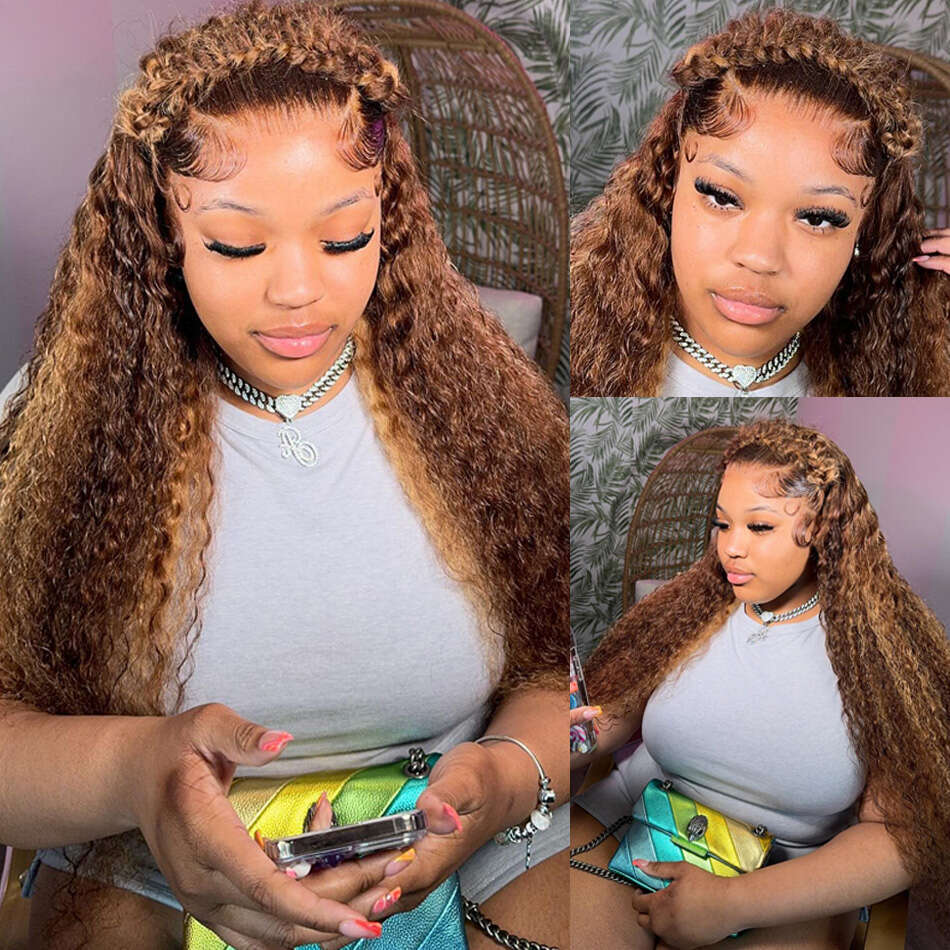 30 32 Inch Highlight Honey Brown Curly Front Human Hair Wigs 13x6 13x4 Ombre Colored Deep Wave Lace Frontal Wig