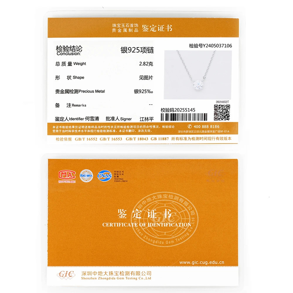 1CT 2CT 3CT Pendant Necklace Womens Original 925 Silver Chain Card Pendant Necklace Bridal Exquisite Jewelry 241018