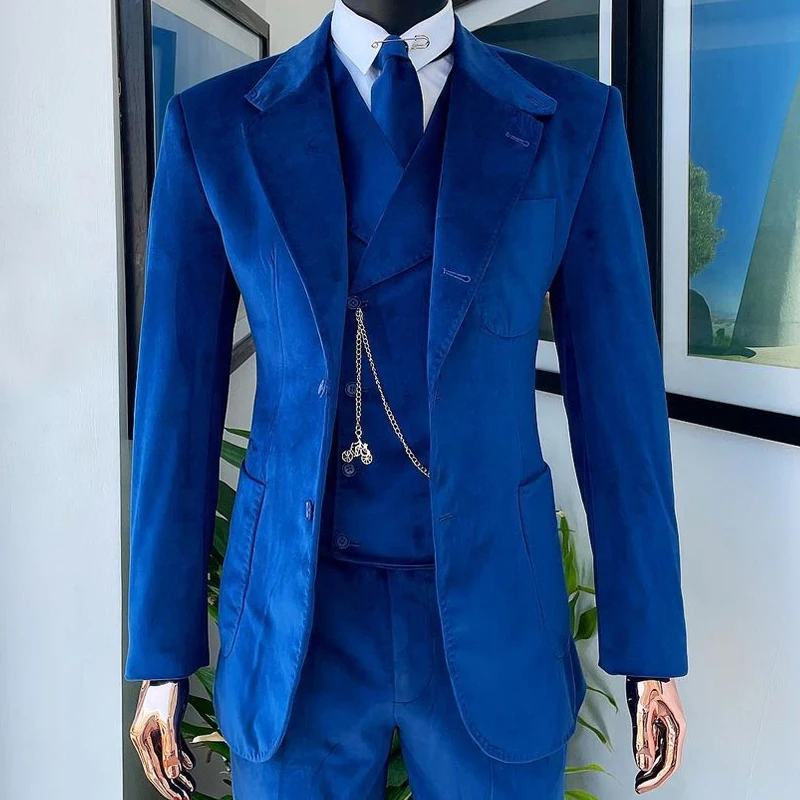 Velvet Men Suits for Wedding Slim Fit Custom Groom Tuxedo 3 Piece Royal Blue Formal Jacket Vest with Pants Male Fashion Costume
