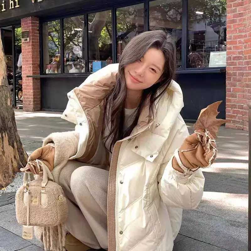 FIGOHR Womens Down Jacket Premium Elegant Solid Hooded Overcoat White Thickned Coat Female Buttoned Jacket 2024 WinterX241019