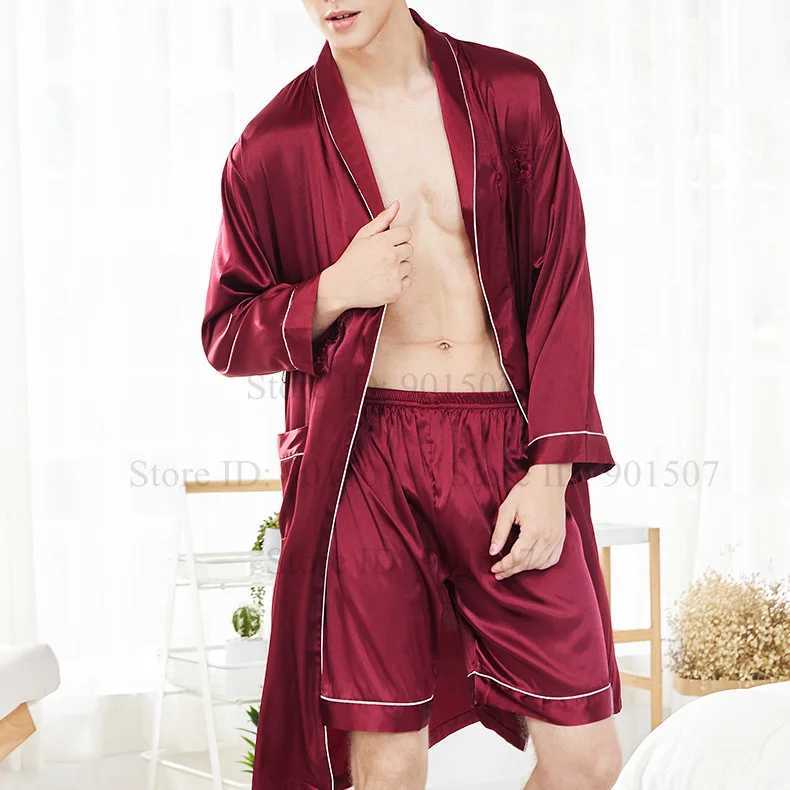 Men Homewear Leisure Sleeprobes Satin Robe Summer Spring Nightwear Male Casual Kimono Bathrobe Ice Silk Sleepwear NightgownXJ241018