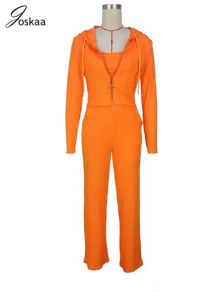 Womens Two Piece Pants Joskaya Ribbed Solid 3Piece Womens Casual Long Sleve Zipper HoodieCamisolStraight Pants Competition Autumn 2023 Track and Fie Y