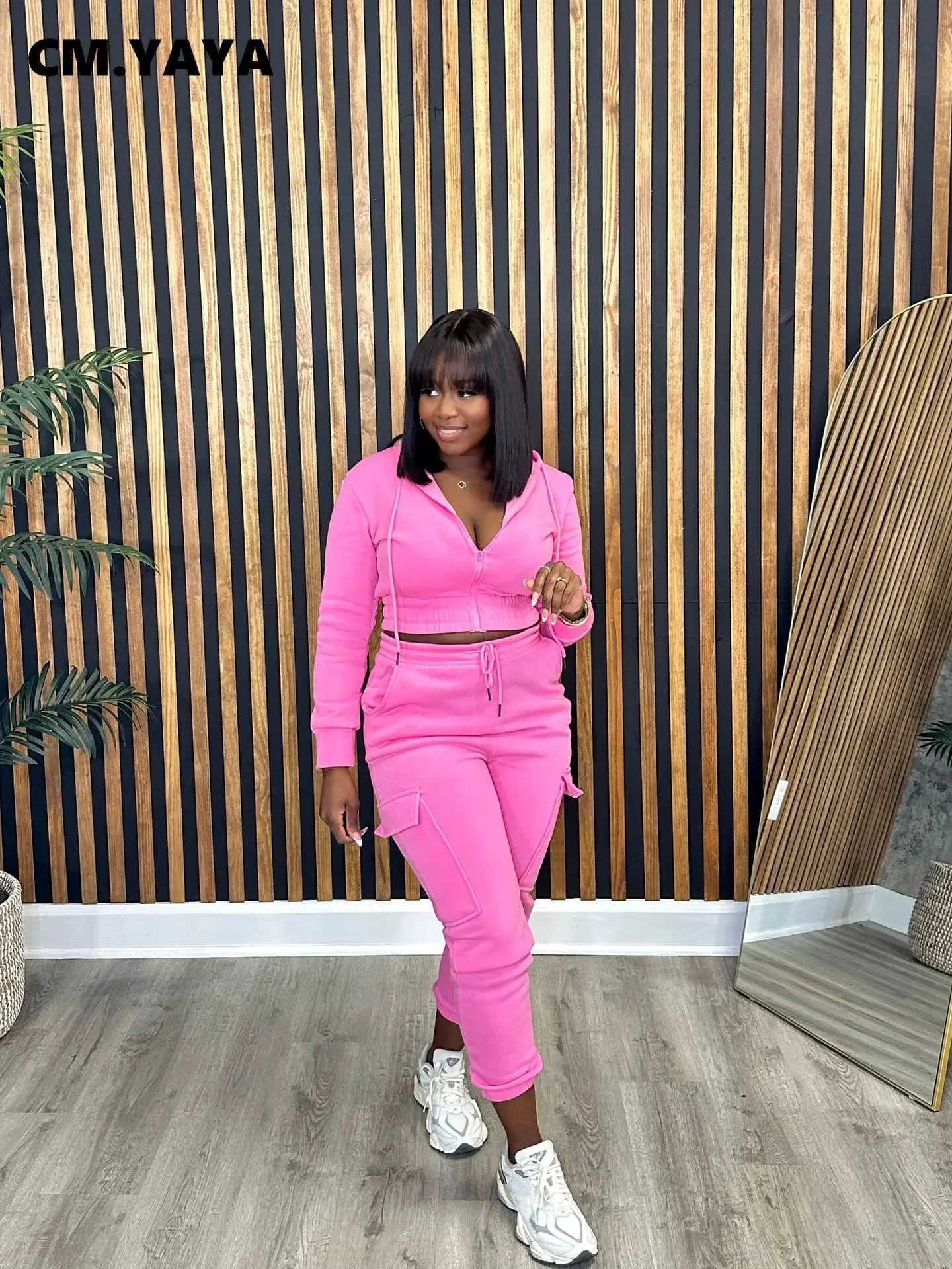 Women's Two Piece Pants CM.YAYA Flce Womens Set Long Sleve Zipper Hoodie and Running Pants 2023 Strt Cargo 2-piece Set Y241019WV5Y