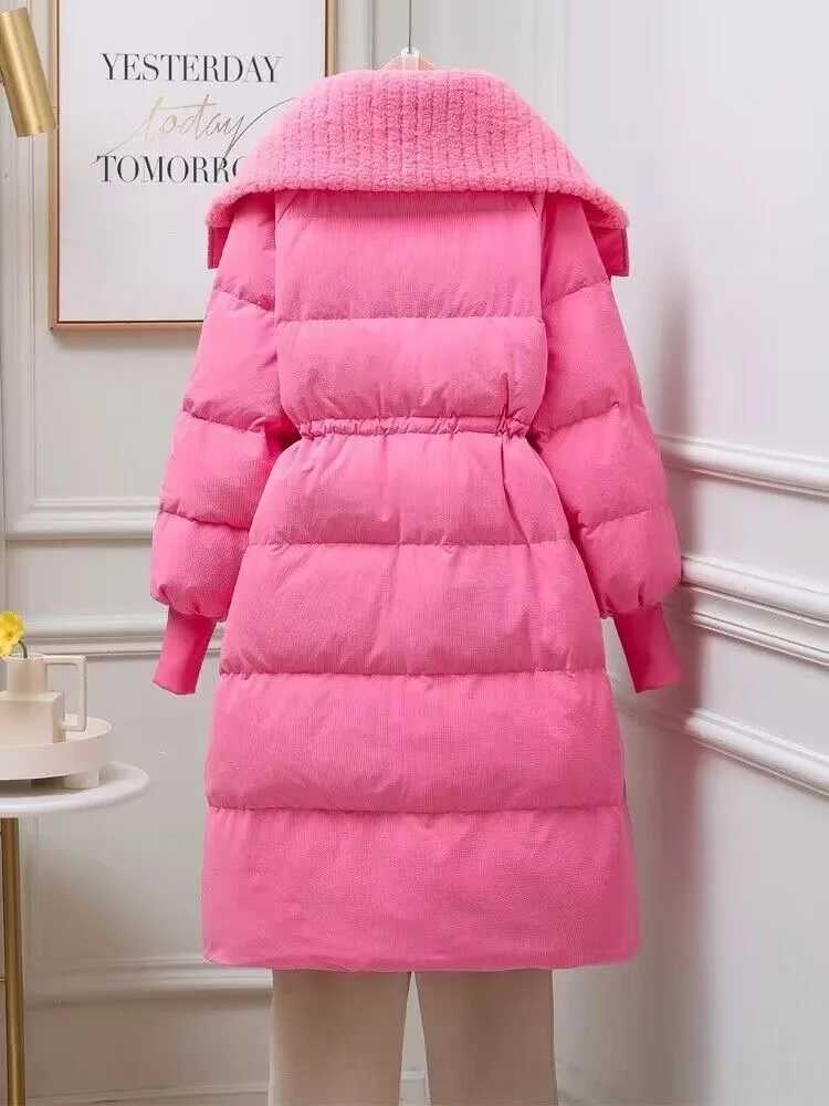 Winter Down Cotton Mid-length Jackets Coats Lapel New Elastic Waist Abrigo Korea Casual Chaqueta Tops Elegant Women Warm CasacoX241019