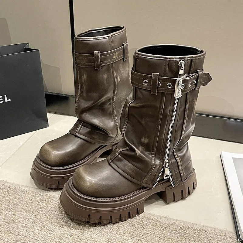 Womens Fashion Boots Womens Thick soled Leather Shoes Zipper and Buckle Boots 2024 Western Anti slip Motorcycle Cool Boots 241018