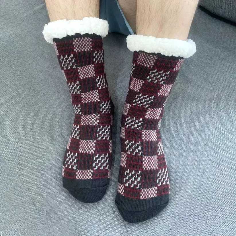 Fluffy Non Slip Socks Mens Plaid Winter Warm Short Cotton Thickened Home Sleeping Thermal Soft Anti Slip Floor Fuzzy Sock MaleXJ241019