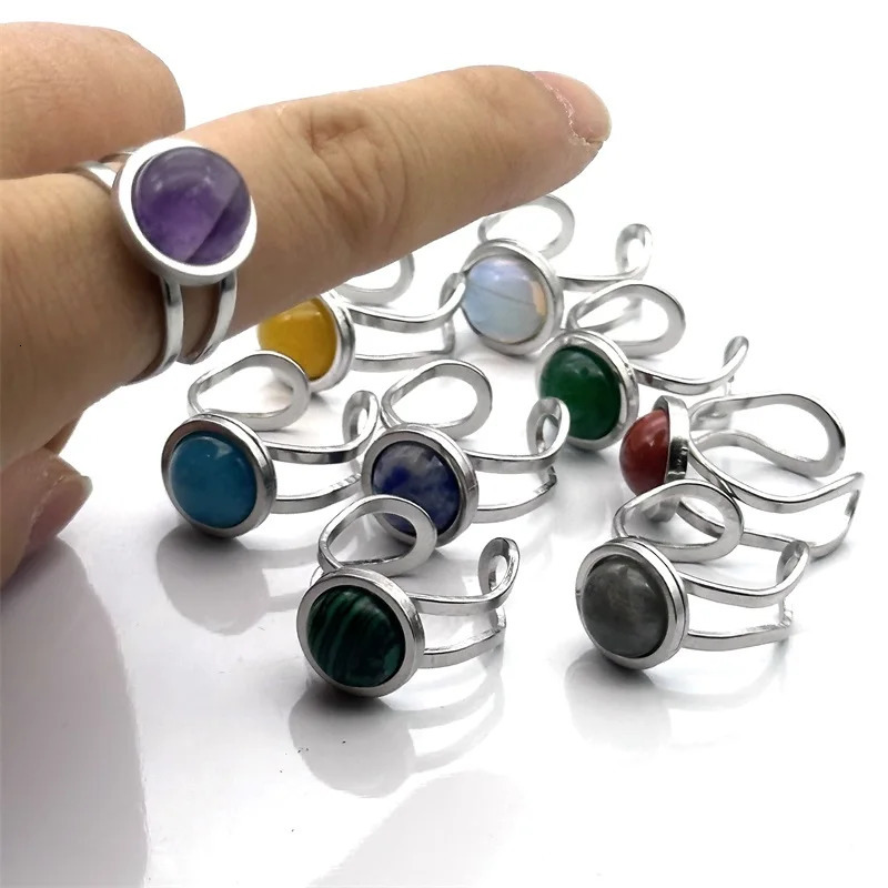 10mm Healing Natural Stone Stainless Steel Open Ring Rose Quartz Green Aventurine Adjustable Crystal Jewelry 241010