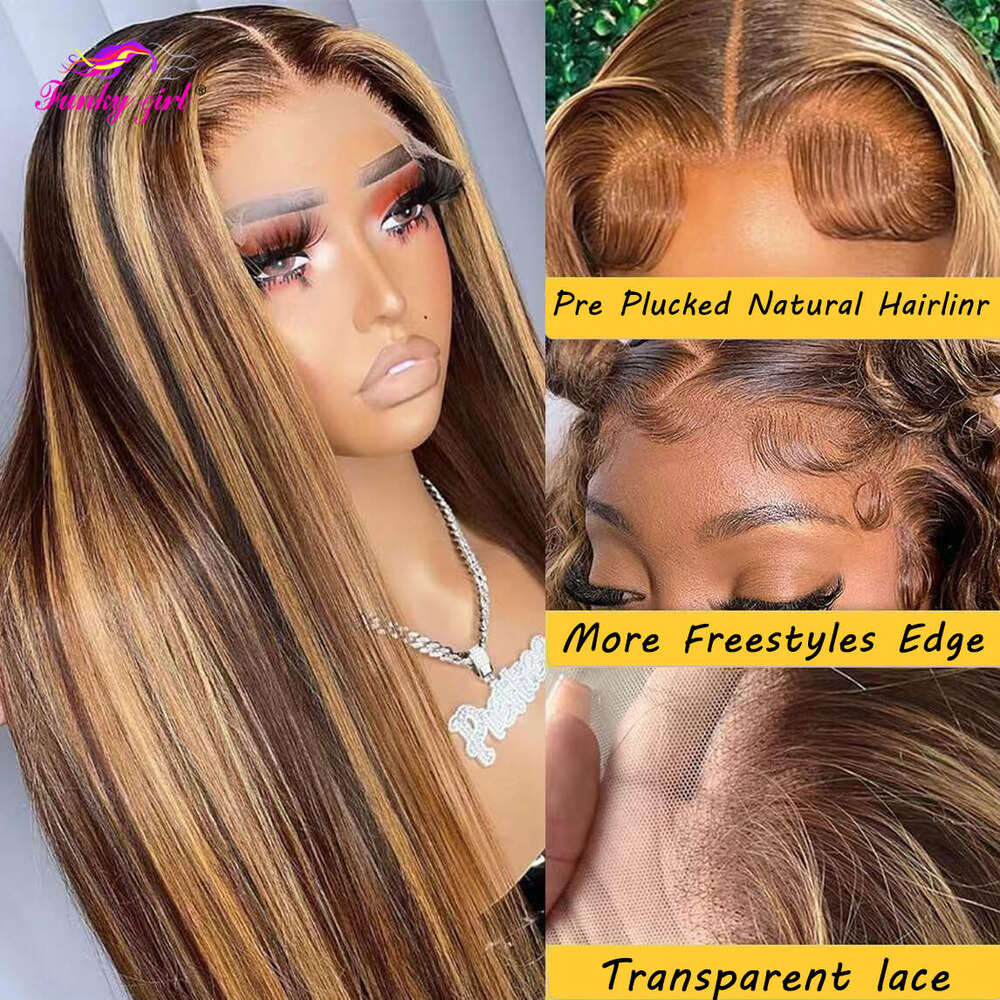 Straight Lace Front Human Hair Ombre Brown Highlight Honey Blonde Color 4/27 Wig 13x6 Transparent Closure 180 Density Wigs