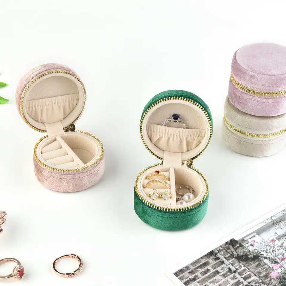 New mini round velvet jewelry box for travel earrings necklaces storage rings zippers portable jewelry managers Joyero boxes W241019