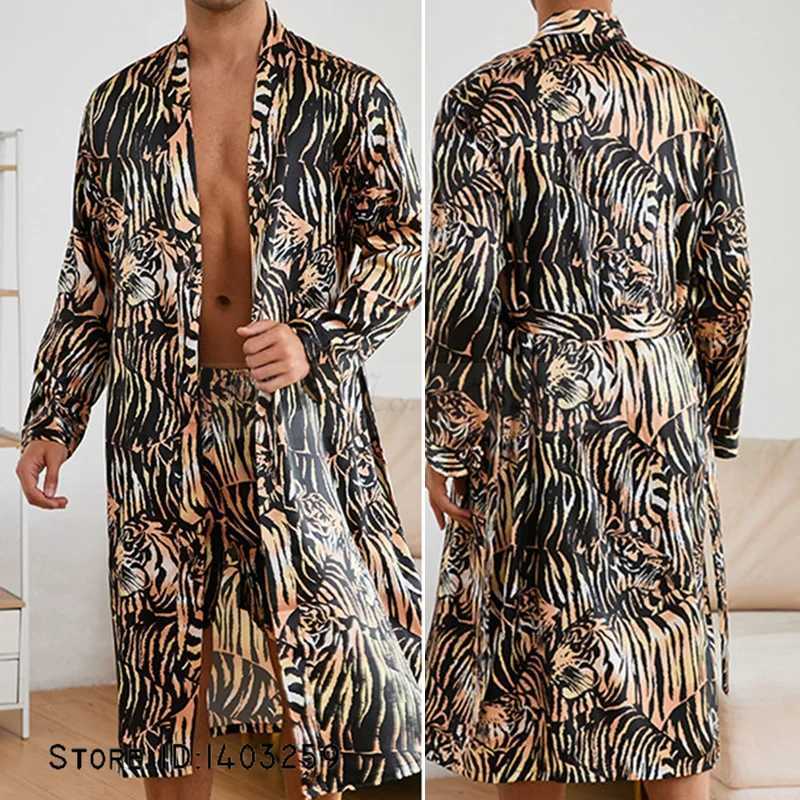 Mens Long Robe Pajamas Two Piece Set Print Tiger Ice Silk Sleepwear Kimono Bathrobe Gown Loose Casual Homewear Lounge WearXJ241018