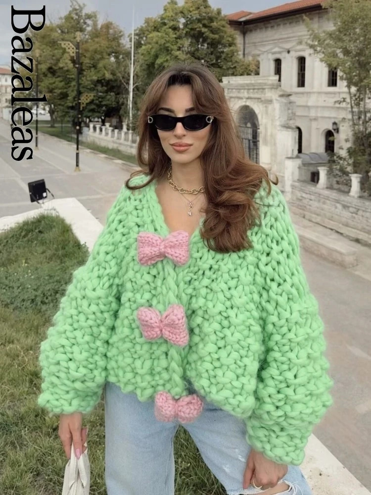 2024 Bazaleas Traf Autumn Warm Short Outerwear Official Handmade Bow Sweater Coat Vintage Oversize Lantern Sleeve Cardigan 241009