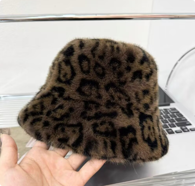 Winter Leopard Print Bucket Hat Wide Brim Hats Fashion Women Imitation Mink Wool Thick Warm Fluffy Basin Hat