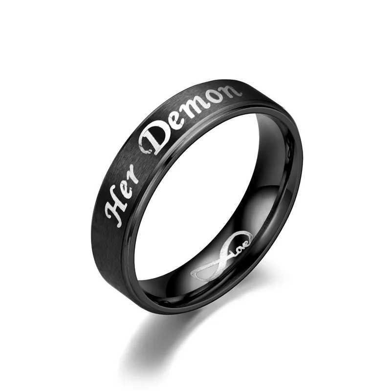 AsJerlya 6mm Couple Ring Her Devil His Angel Black Ring Stainless Steel Eternal Love Jewelry Accessory for Women Y241019